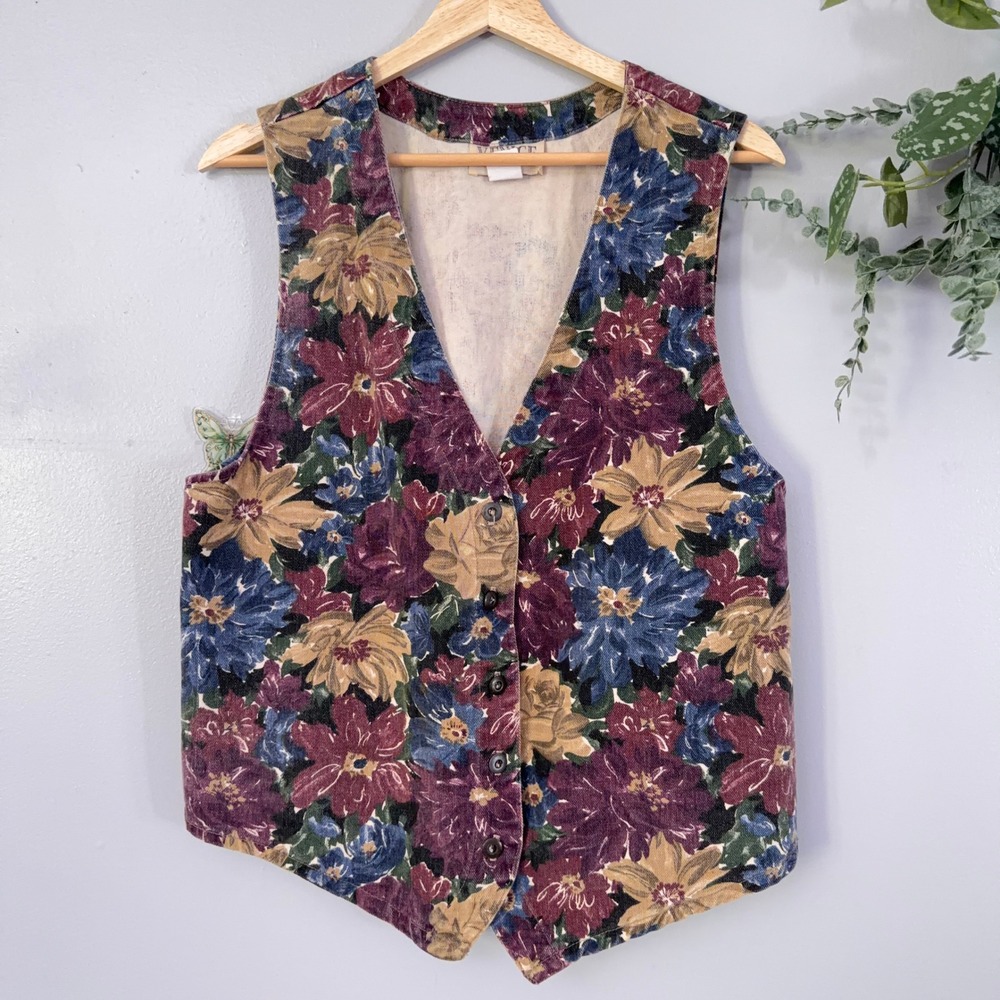 Venice Blues Vtg 90s Vest Floral Denim Cottagecore Autumn Botanical Wmns M USA